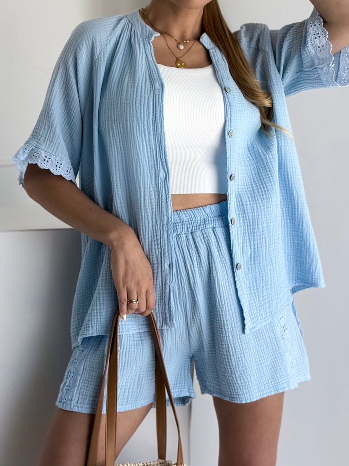 Moteriški muslino marškiniai OCTAVIA Žydra