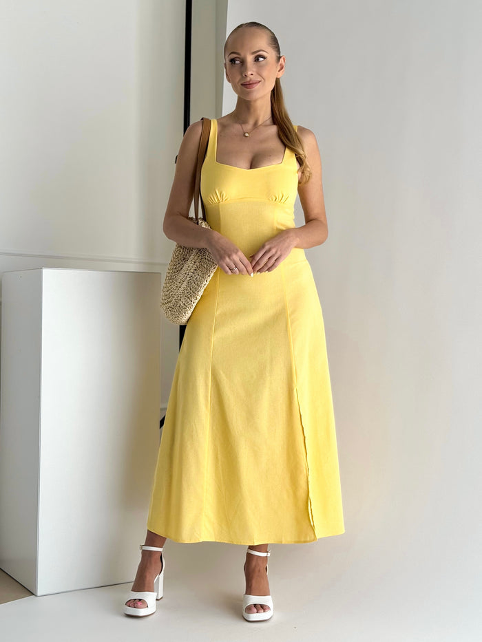 Moteriška lininė suknelė CORALIE Geltona
