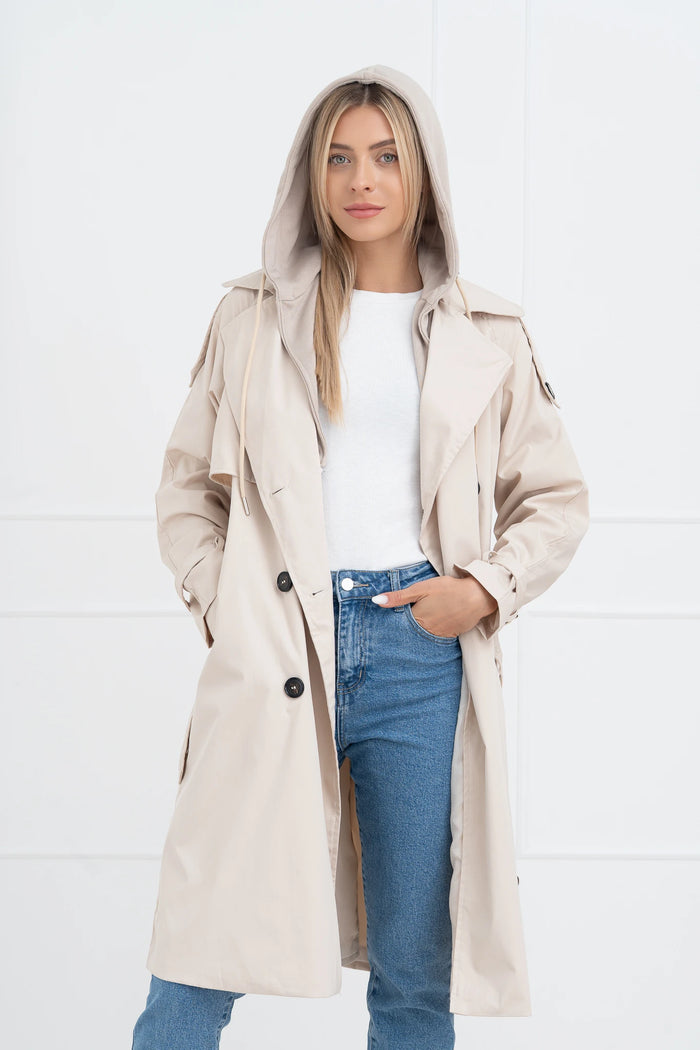 Moteriškas vidutinio ilgio paltas su gobtuvu PHILIPPA Kreminė