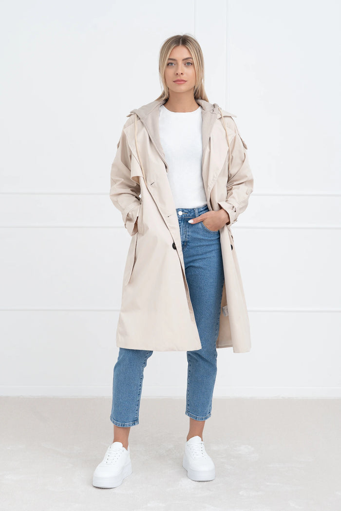 Moteriškas vidutinio ilgio paltas su gobtuvu PHILIPPA Kreminė