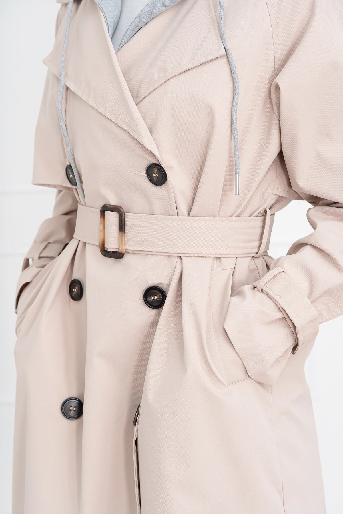 Moteriškas vidutinio ilgio paltas su gobtuvu PHILIPPA Kreminė/Pilka