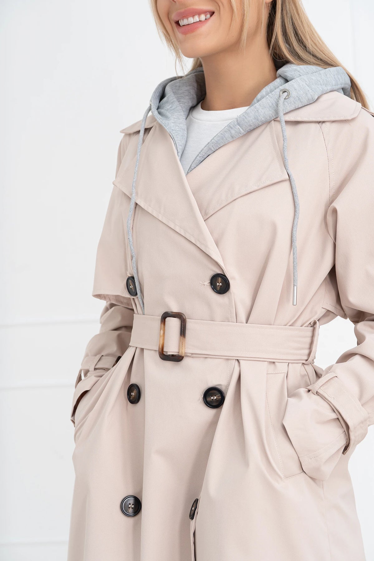 Moteriškas vidutinio ilgio paltas su gobtuvu PHILIPPA Kreminė/Pilka