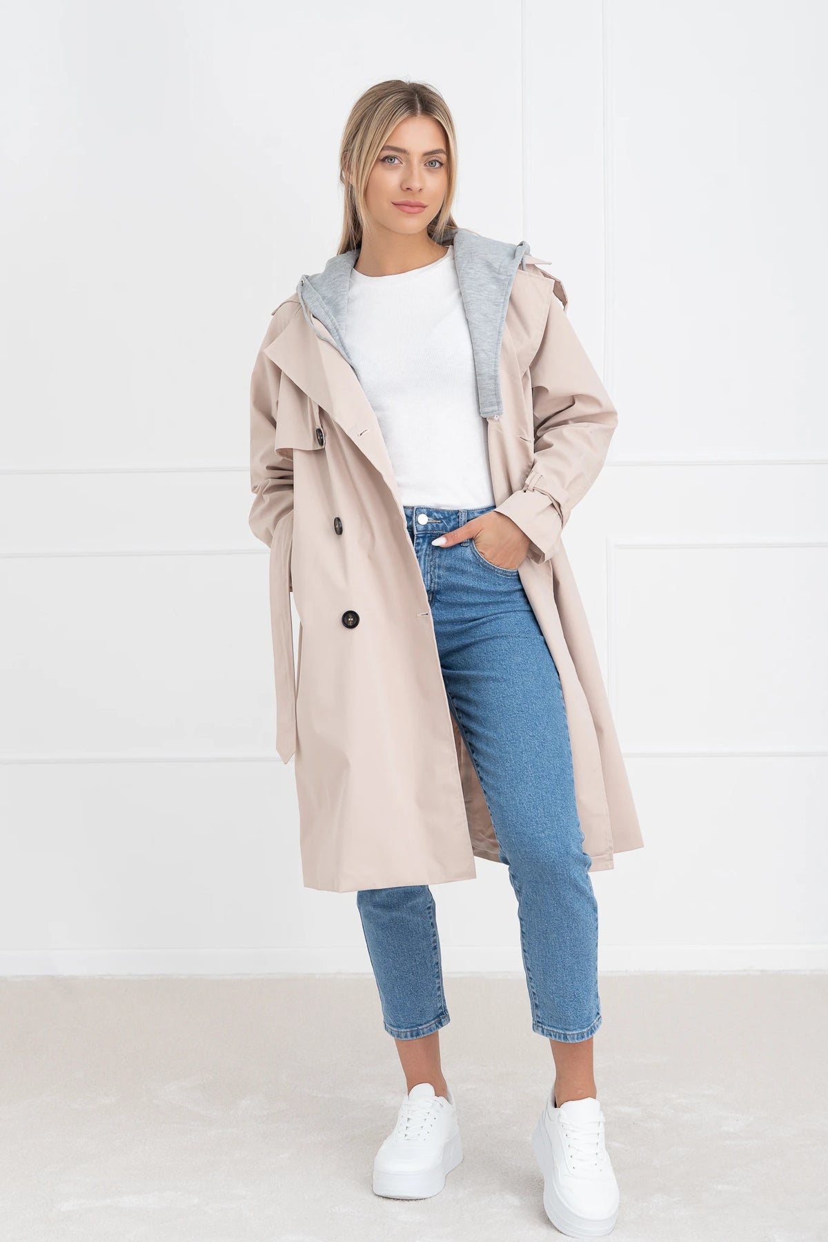 Moteriškas vidutinio ilgio paltas su gobtuvu PHILIPPA Kreminė/Pilka