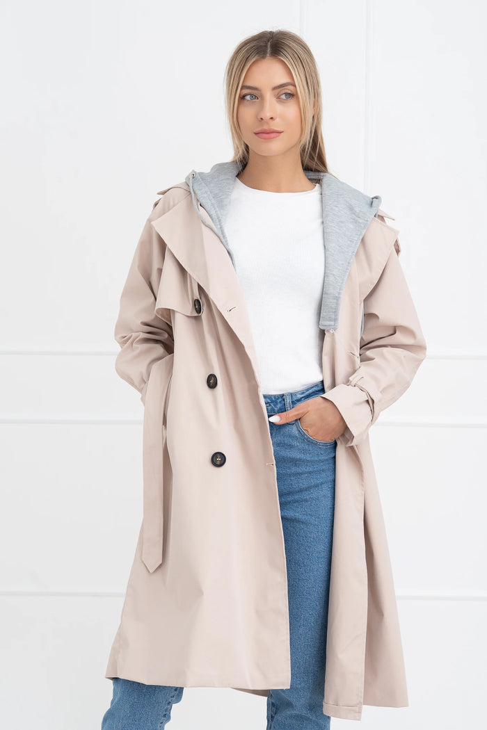 Moteriškas vidutinio ilgio paltas su gobtuvu PHILIPPA Kreminė/Pilka