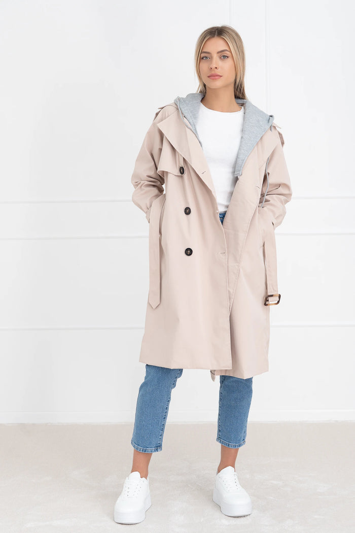 Moteriškas vidutinio ilgio paltas su gobtuvu PHILIPPA Kreminė/Pilka