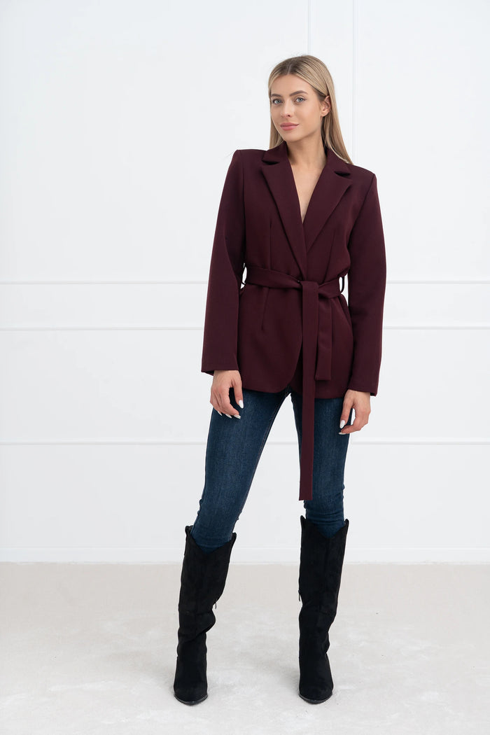 Moteriškas klasikinis itališkas švarkas su diržu DANNA Bordo