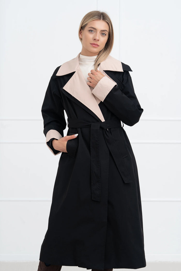 Moteriškas ilgas paltas su diržu TOMMY Juoda/Kreminė