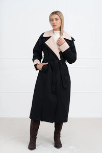 Moteriškas ilgas paltas su diržu TOMMY Juoda/Kreminė