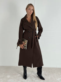 Moteriškas ilgas paltas su diržu REYNA Tamsiai ruda