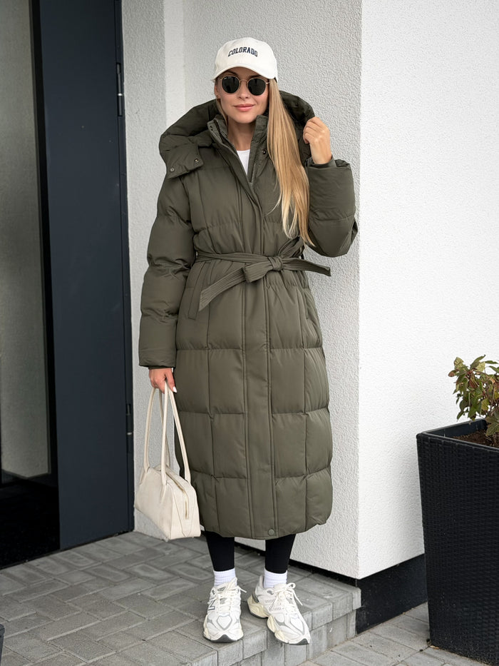 Moteriška ilga striukė su diržu MAYRA Chaki