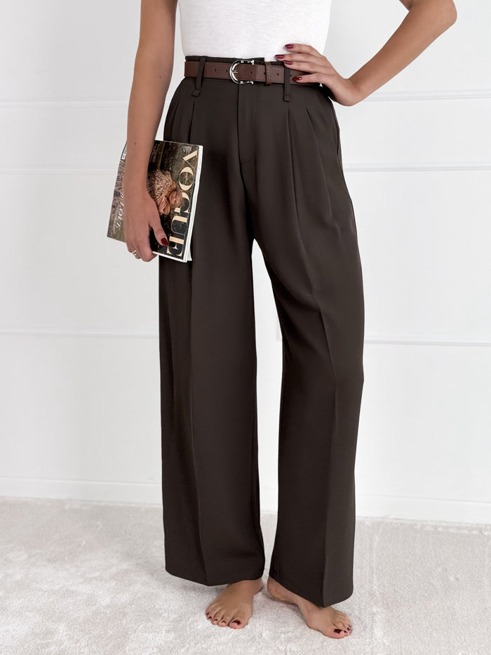 Moteriškos klasikinės kelnės su diržu LUCIAN Tamsiai ruda