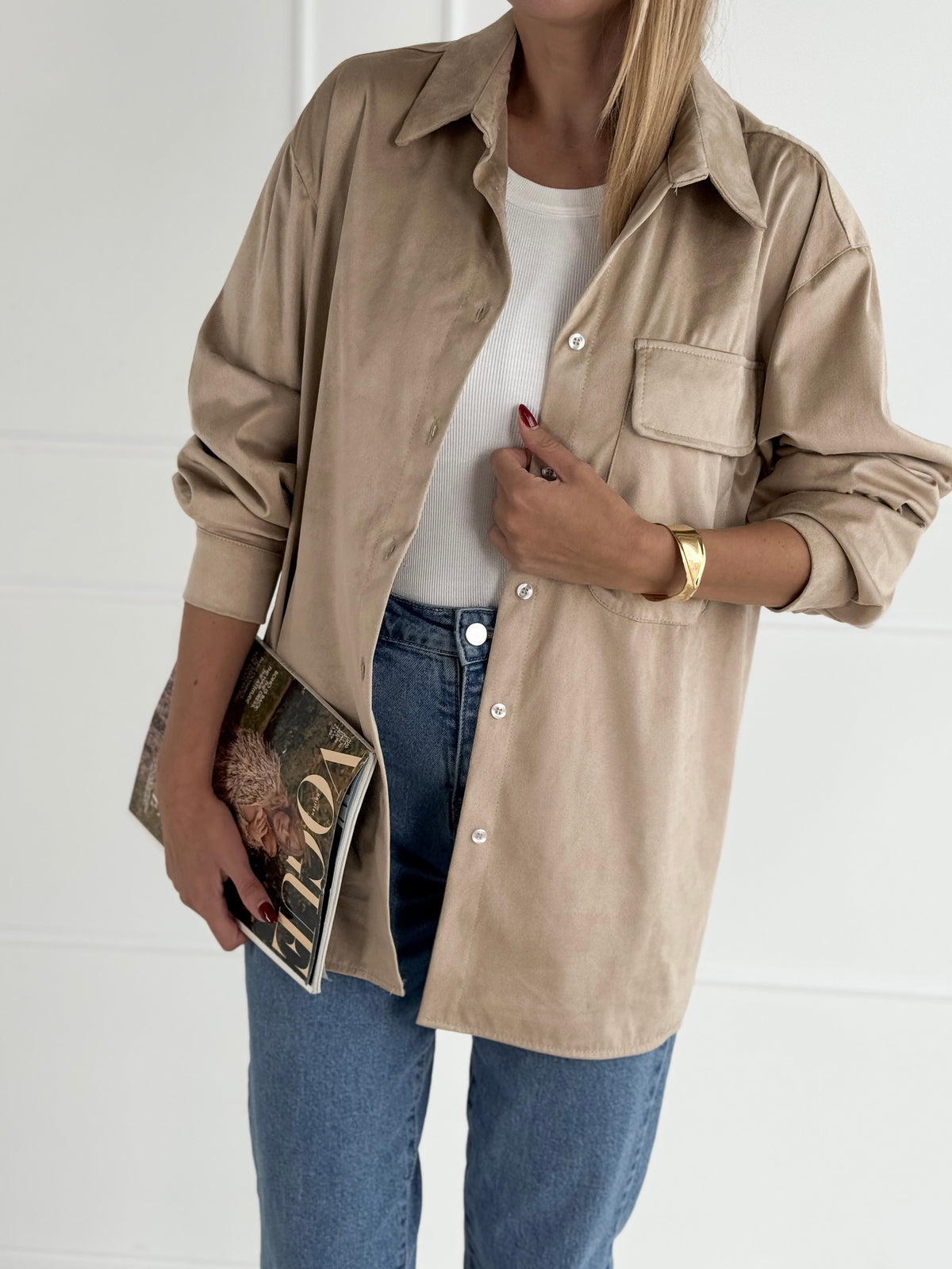 Moteriški zomšos imitacijos marškiniai ADELIA Kreminė