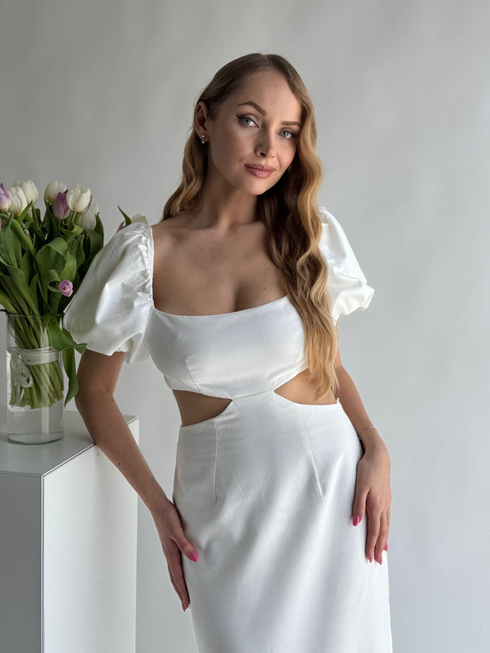 Moteriška ilga lininė suknelė ELVIE Balta