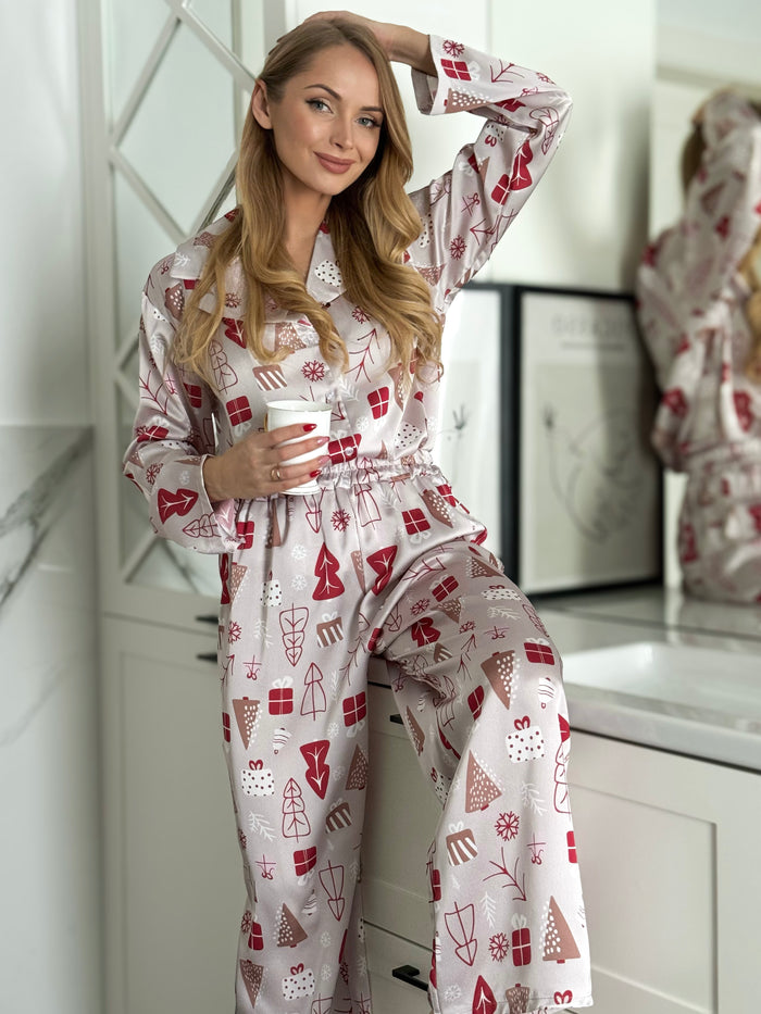 Moteriška kalėdinė dviejų dalių itališka satino pižama NOEL