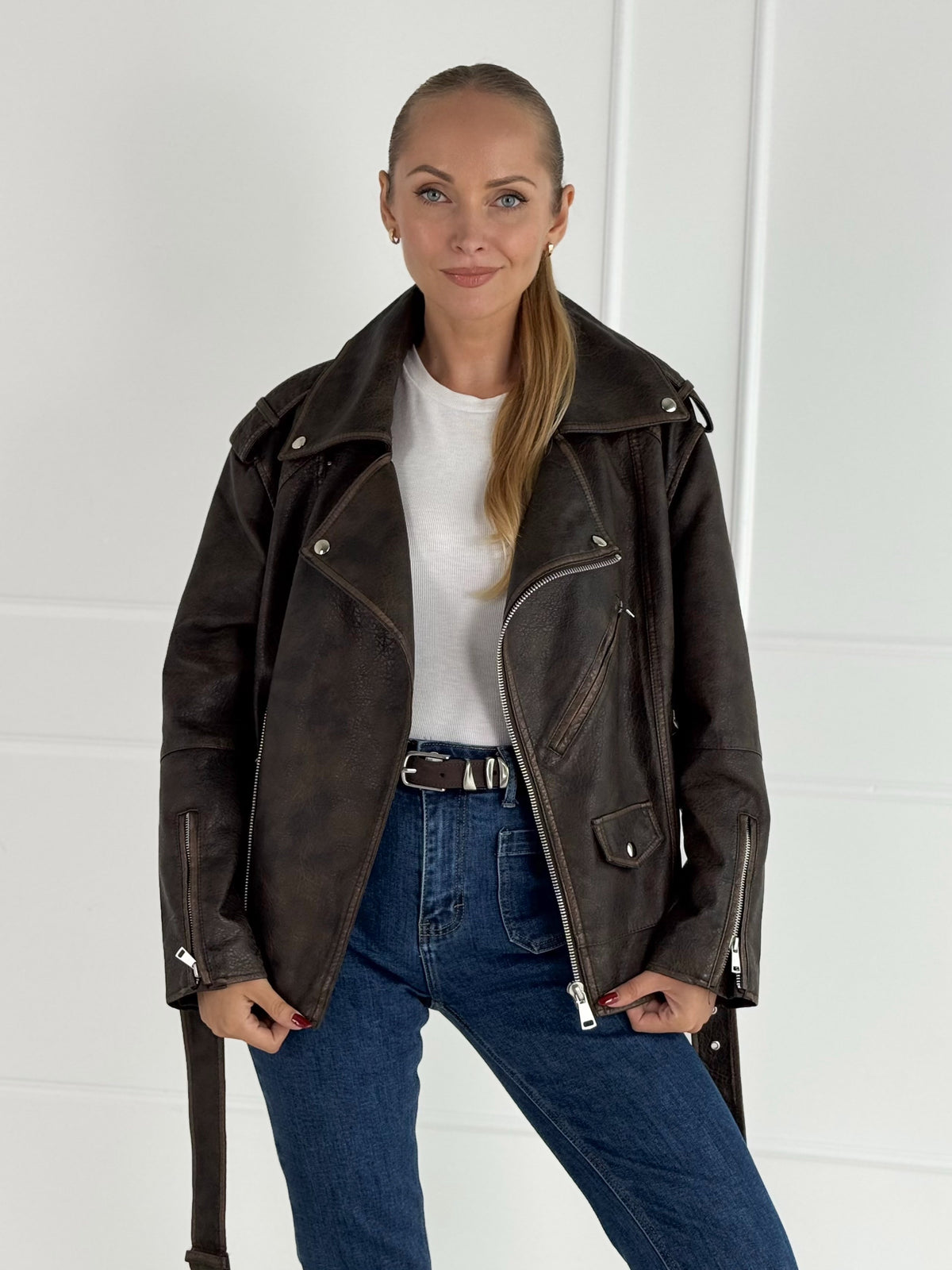 Moteriškas eko odos švarkas LAVINIA Tamsiai ruda