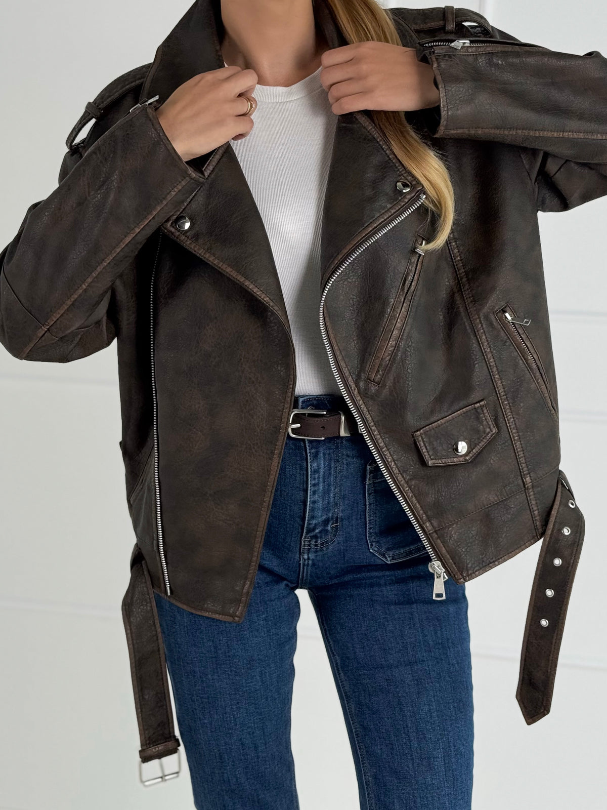 Moteriškas eko odos švarkas LAVINIA Tamsiai ruda