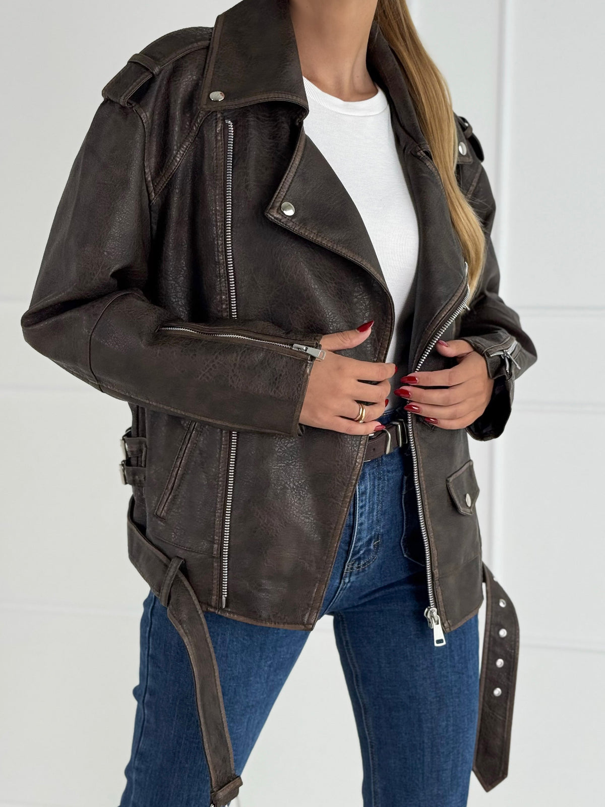 Moteriškas eko odos švarkas LAVINIA Tamsiai ruda