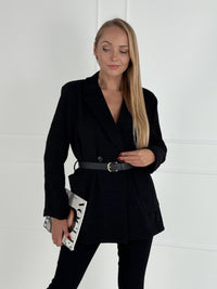 Moteriškas klasikinis velvetinis švarkas su diržu BARBARA Juoda