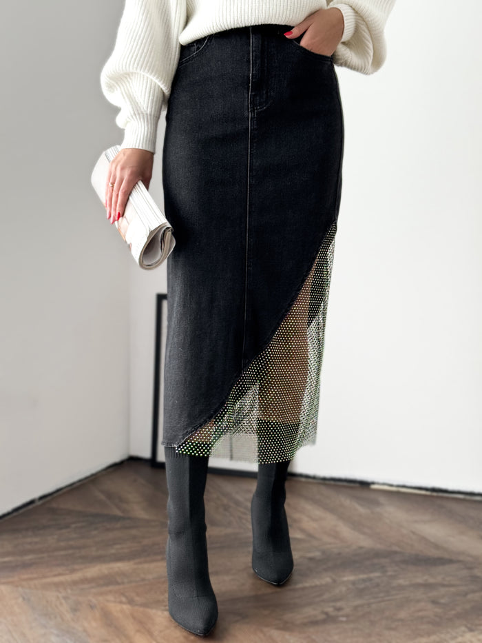 Moteriškas ilgas džinsinis sijonas su blizgučiais NAILA Juoda