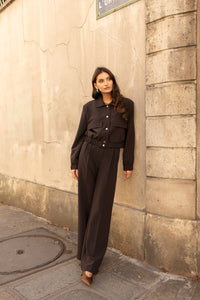 Moteriškos plačios klasikinės kelnės SANCHA Tamsiai ruda