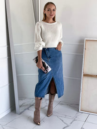 Moteriškas vidutinio ilgio džinsinis sijonas FLURA Mėlyna