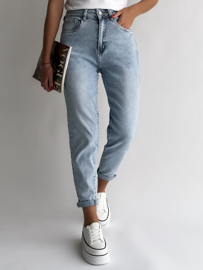 Moteriški MOM modelio elastingi džinsai aukštu juosmeniu PORTO Mėlyna