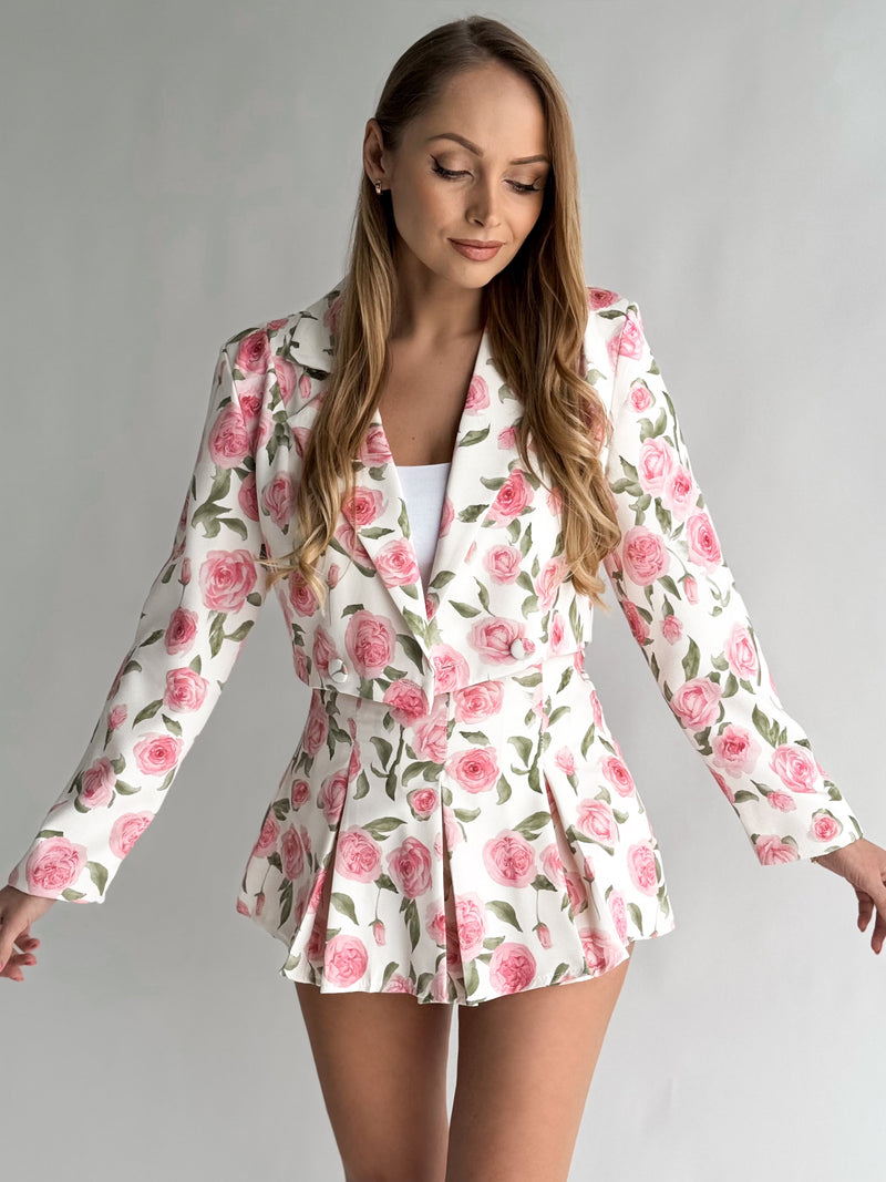 Moteriškas trumpas gėlėtas švarkas PEONY Rožinė