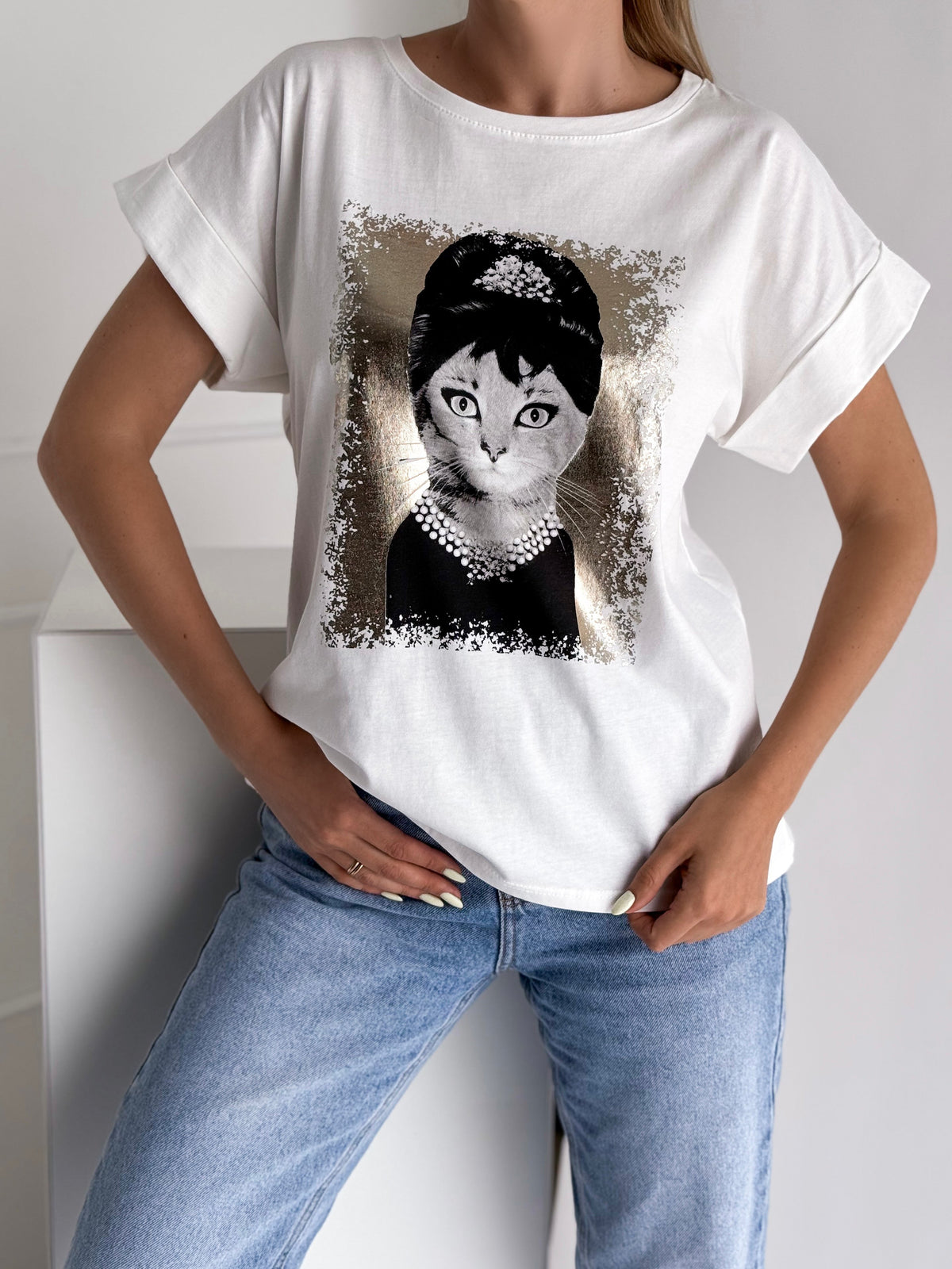 Moteriški medvilniniai marškinėliai KITTY Balta