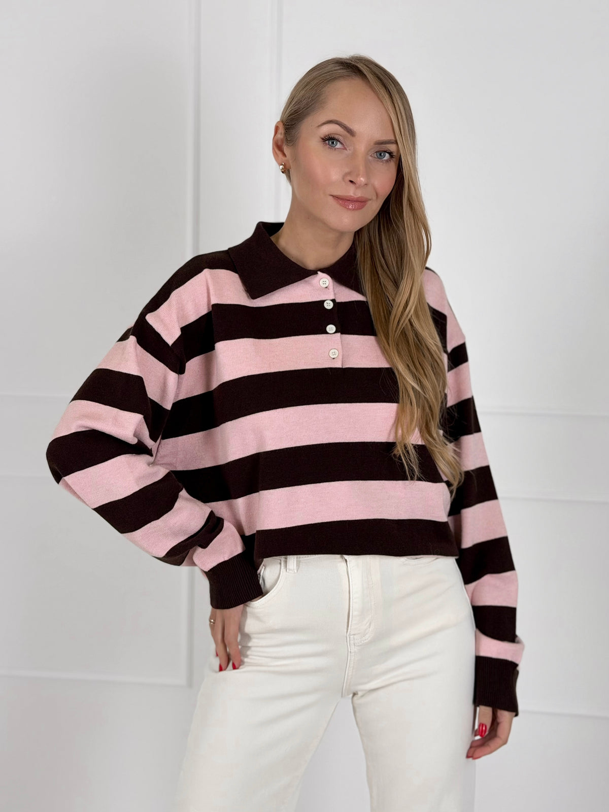 Moteriškas dryžuotas megztinis su vilna ENDER Rožinė