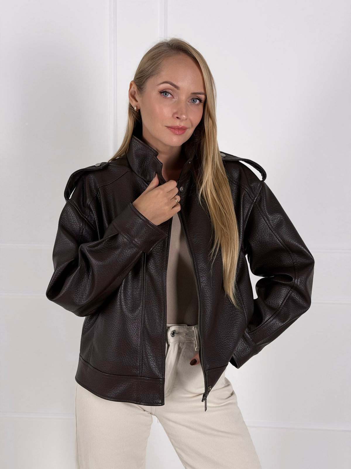 Moteriškas eko odos švarkas NELLA Tamsiai ruda