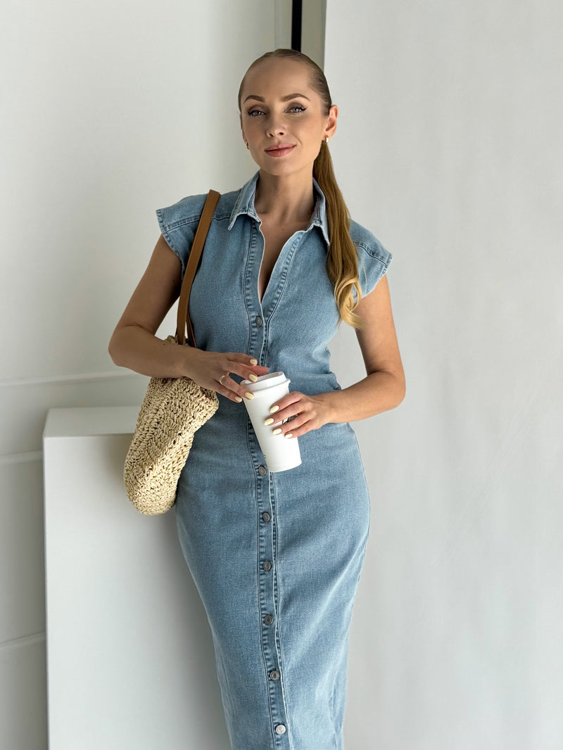 Moteriška ilga džinsinė suknelė LIMA Mėlyna