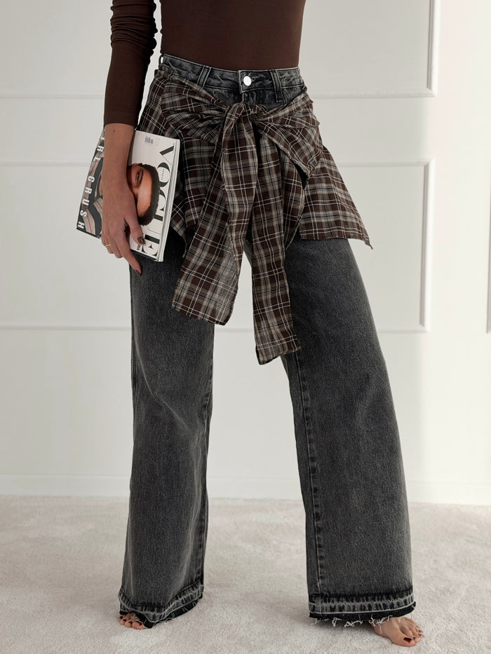 WIDE LEG moteriški džinsai su marškinių imitacija GATSBY Pilka