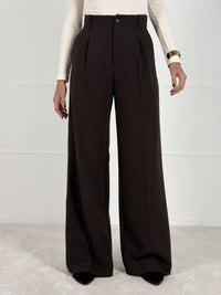 Moteriškos plačios klasikinės kelnės SANCHA Tamsiai ruda