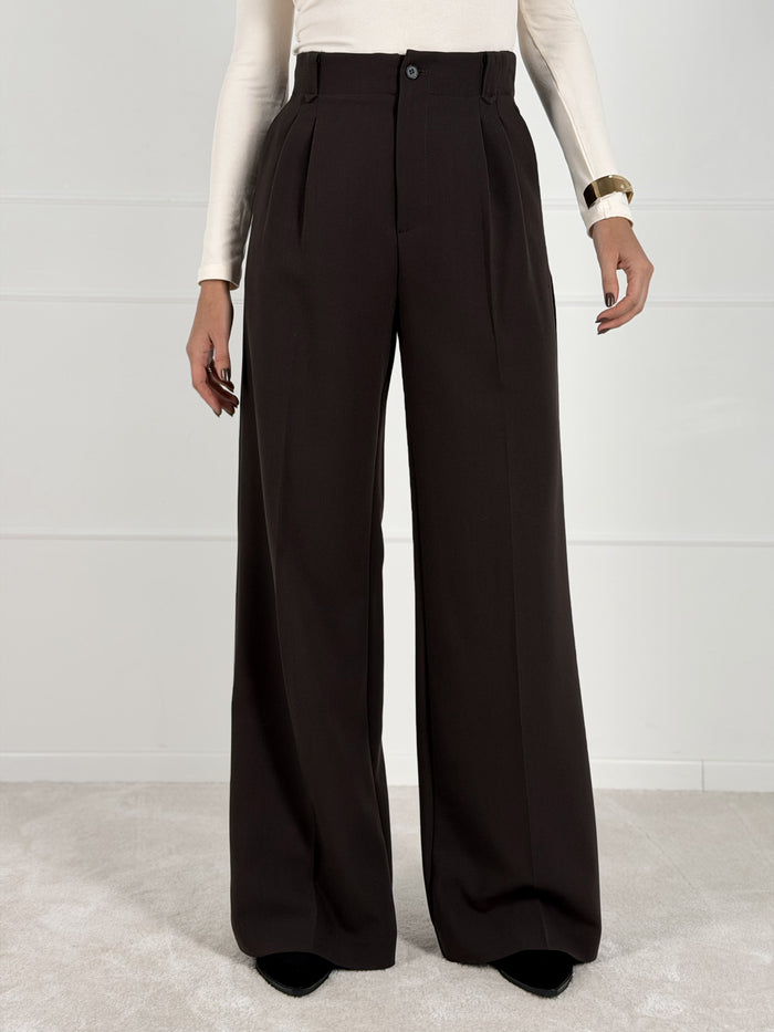 Moteriškos plačios klasikinės kelnės SANCHA Tamsiai ruda