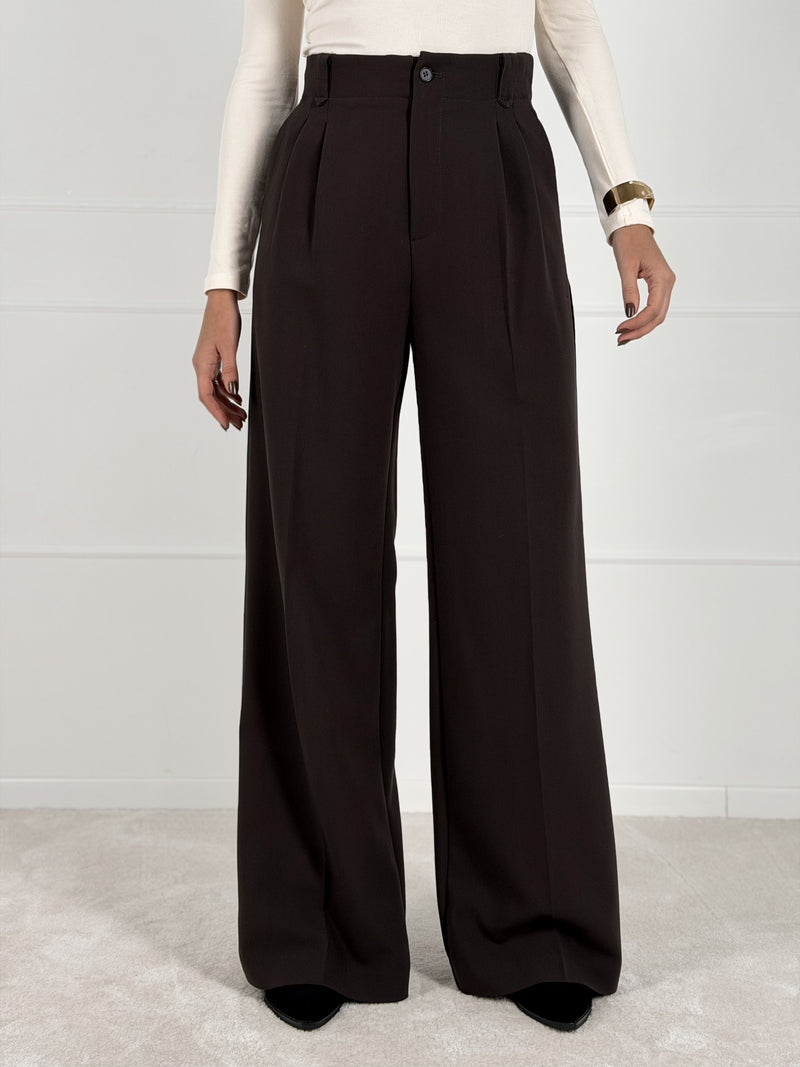 Moteriškos plačios klasikinės kelnės SANCHA Tamsiai ruda