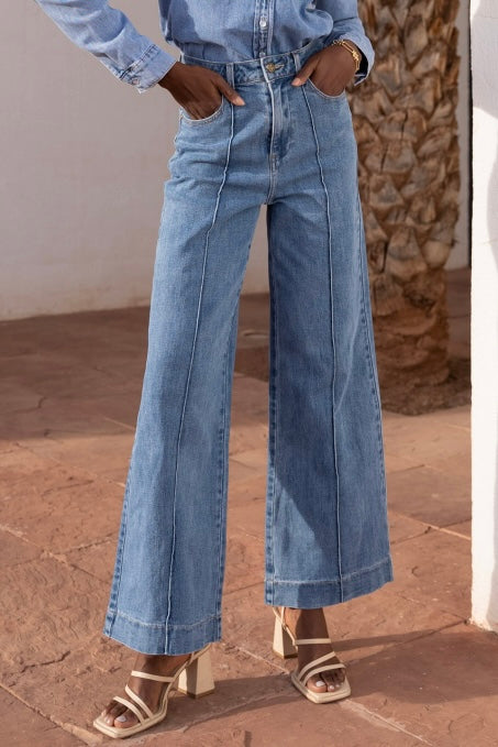 Moteriški WIDE LEG modelio džinsai aukštu liemeniu JASPER Mėlyna