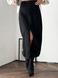 Moteriškas ilgas džinsinis sijonas su skeltuku MALIKA Juoda