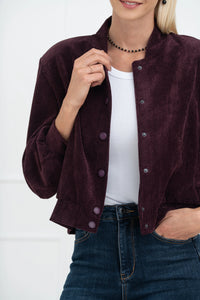 Moteriškas velvetinis bomber stiliaus užsagstomas švarkas BRIANA Bordo