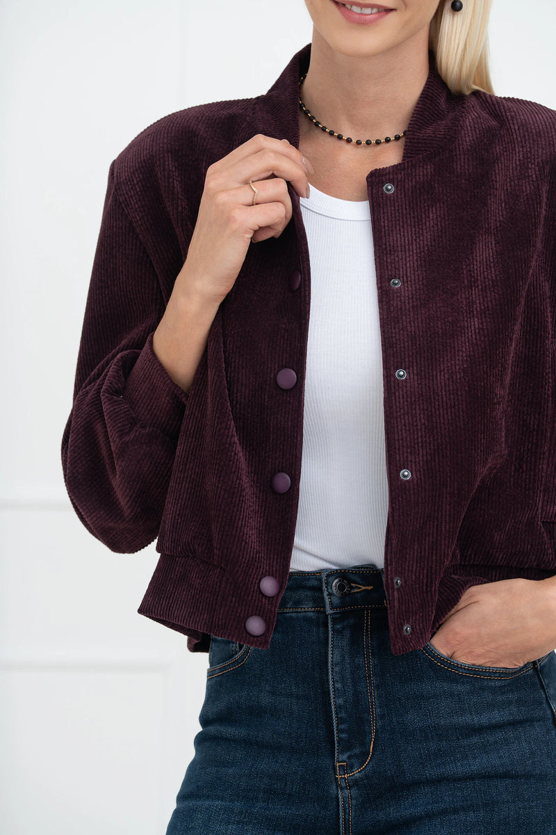 Moteriškas velvetinis bomber stiliaus užsagstomas švarkas BRIANA Bordo