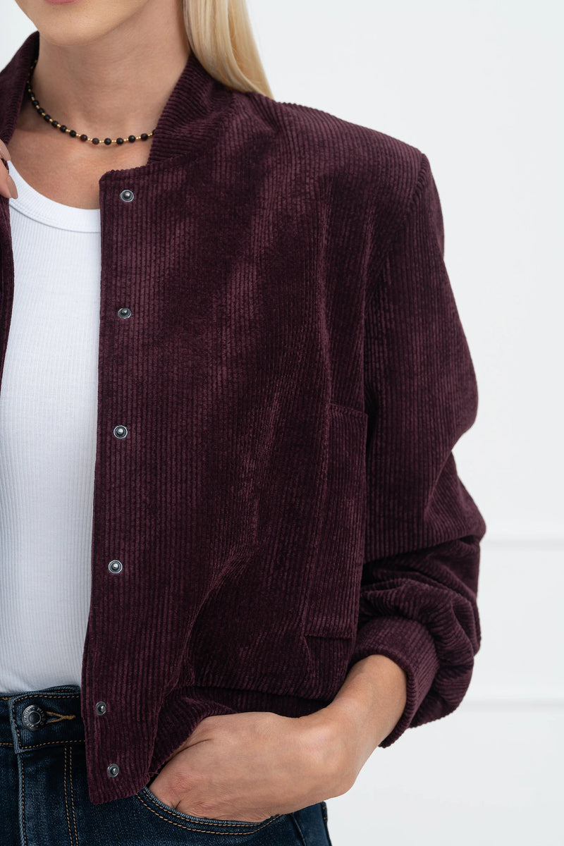 Moteriškas velvetinis bomber stiliaus užsagstomas švarkas BRIANA Bordo
