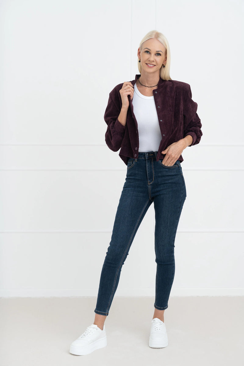 Moteriškas velvetinis bomber stiliaus užsagstomas švarkas BRIANA Bordo