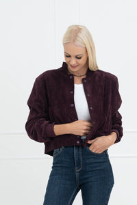 Moteriškas velvetinis bomber stiliaus užsagstomas švarkas BRIANA Bordo