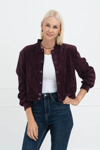 Moteriškas velvetinis bomber stiliaus užsagstomas švarkas BRIANA Bordo
