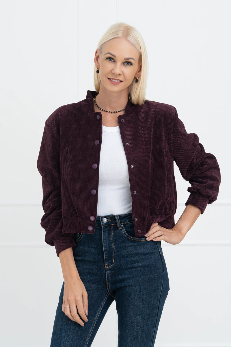 Moteriškas velvetinis bomber stiliaus užsagstomas švarkas BRIANA Bordo