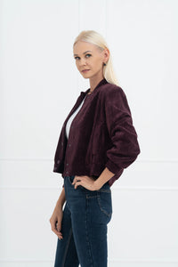 Moteriškas velvetinis bomber stiliaus užsagstomas švarkas BRIANA Bordo
