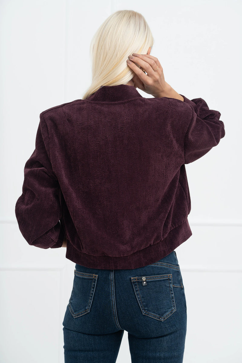 Moteriškas velvetinis bomber stiliaus užsagstomas švarkas BRIANA Bordo