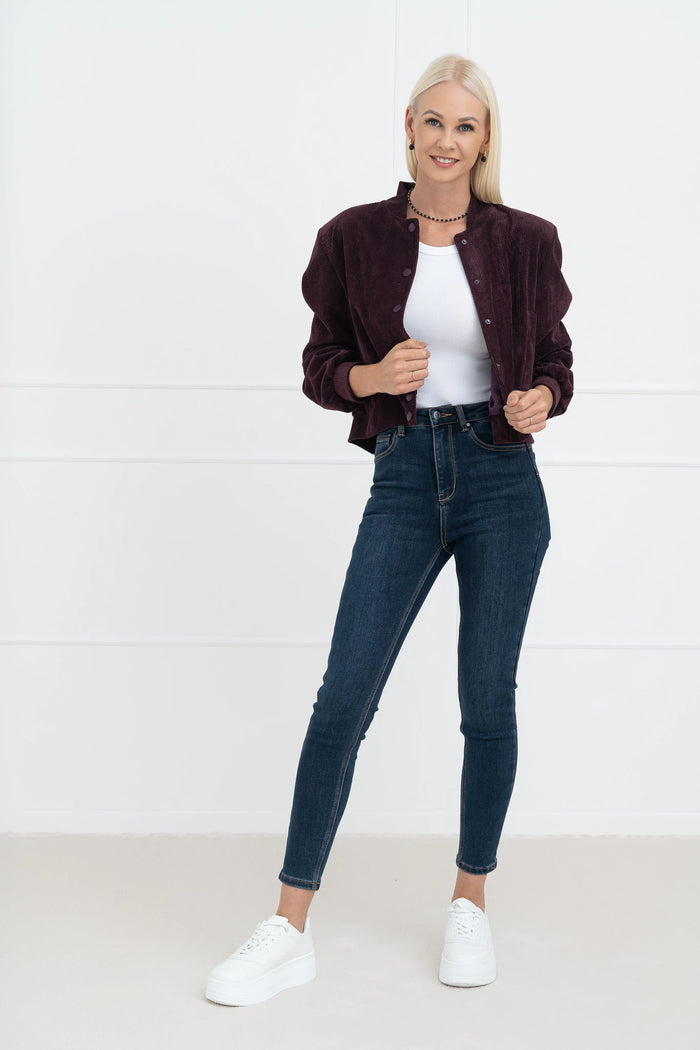 Moteriškas velvetinis bomber stiliaus užsagstomas švarkas BRIANA Bordo
