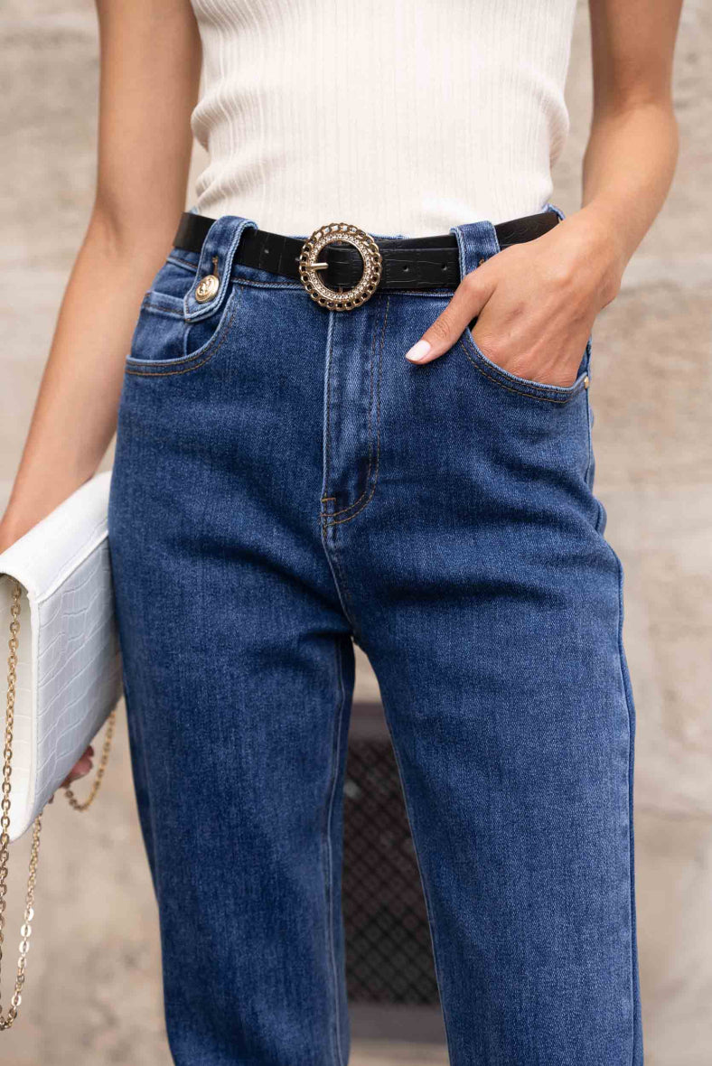 MOM FIT modelio moteriški džinsai aukštu liemeniu su diržu ALARI