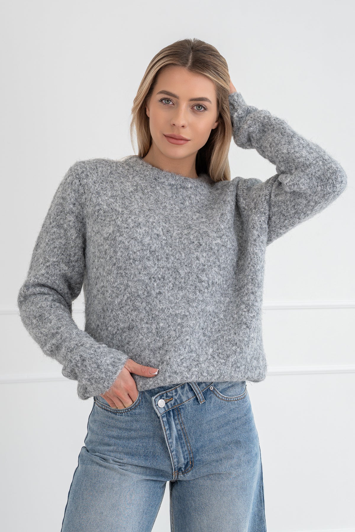 Moteriškas šiltas megztinis su vilna DAMON Šviesiai pilka