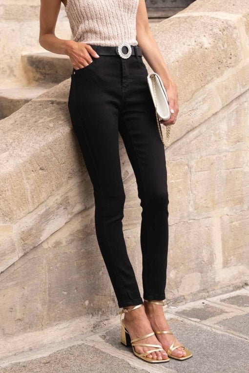 SKINNY HIGH WAIST moteriški džinsai su diržu DECLAN Juoda
